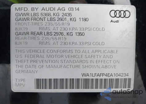 2014 Audi Q5 Premium Plus from USA, damaged, VIN WA1LFAFP4EA104234